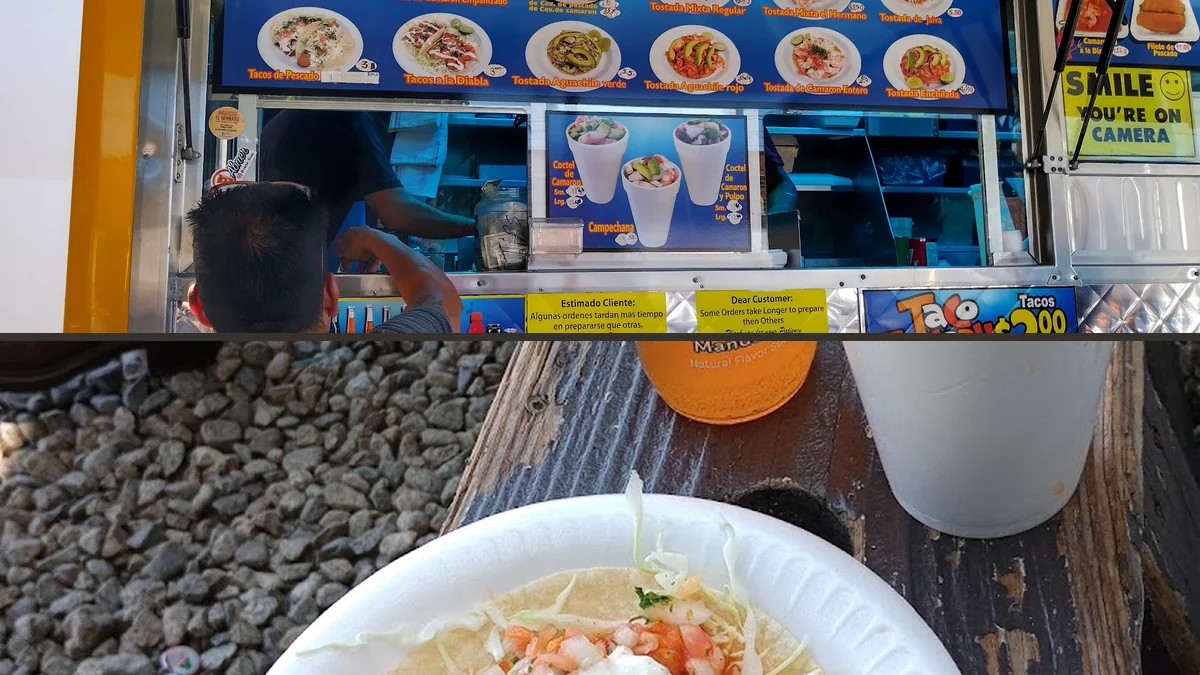 Shrimp tacos served with fresh garnishes.